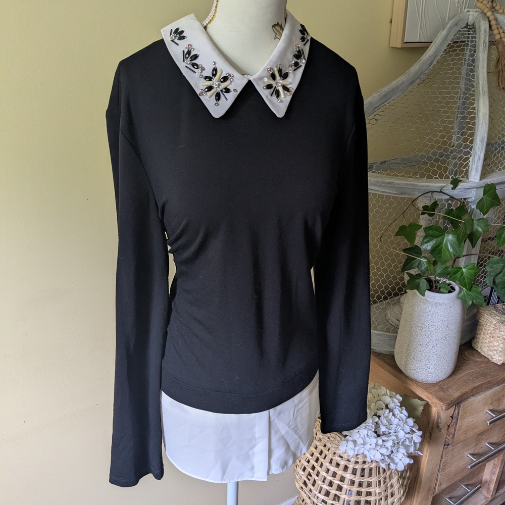 Frank Lyman Design Black Top with Embellished White Collar